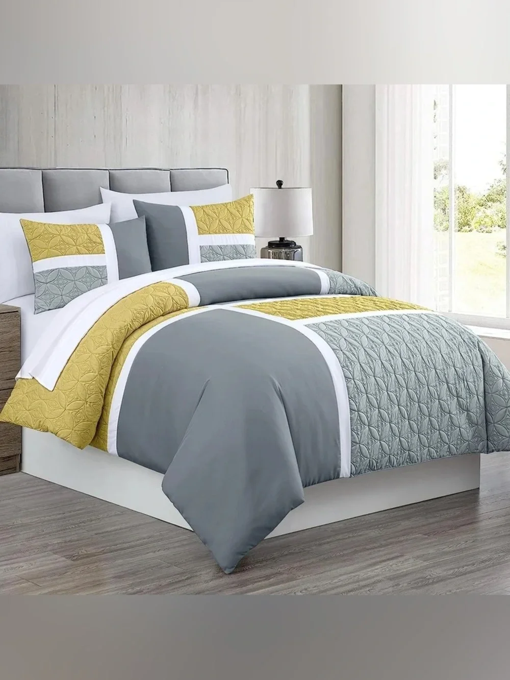 Gray and Yellow Quilted Queen 3 piece Comforter Set